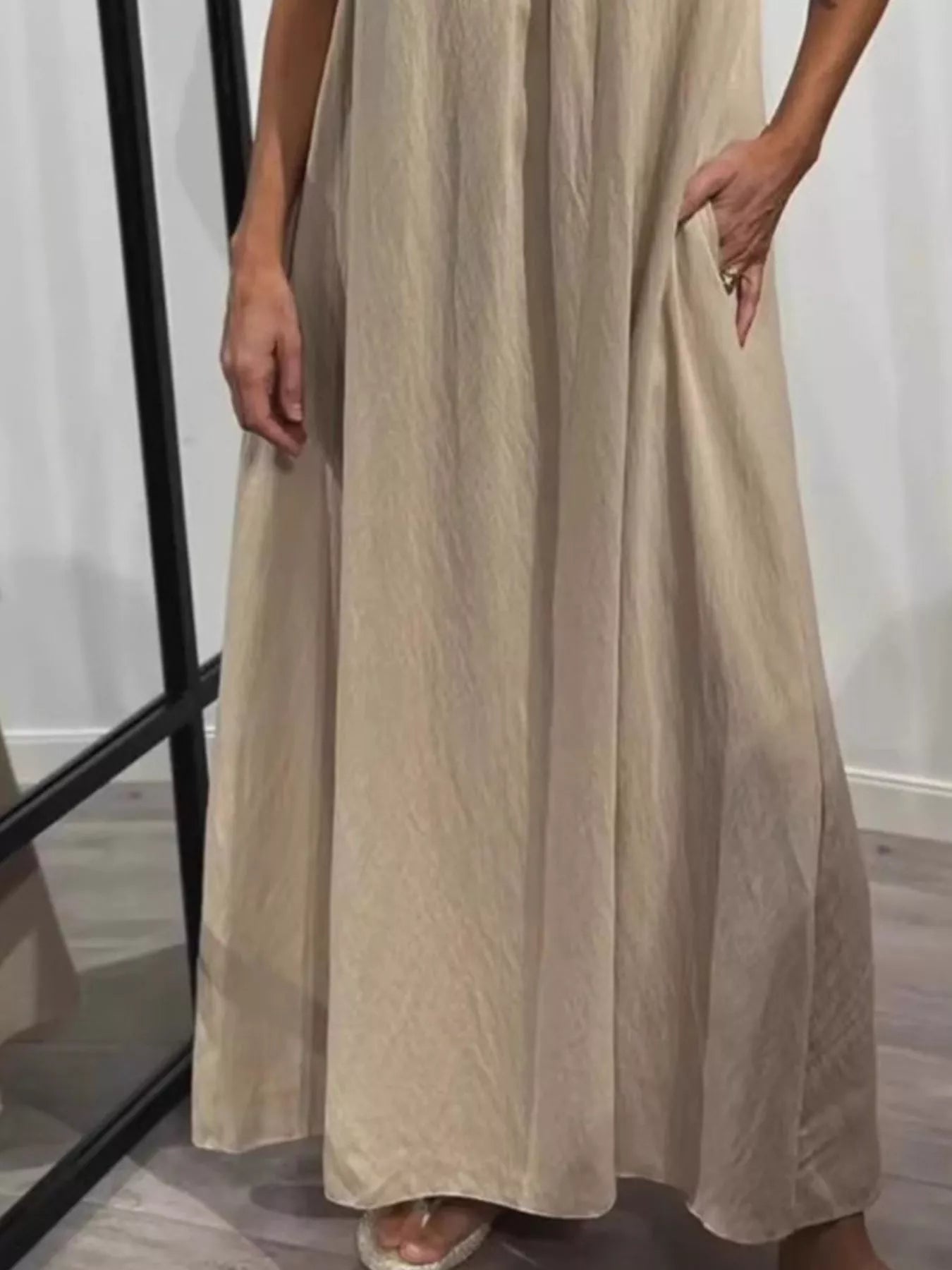 Full size ruffled strap flowy beige maxi dress with pockets plus size