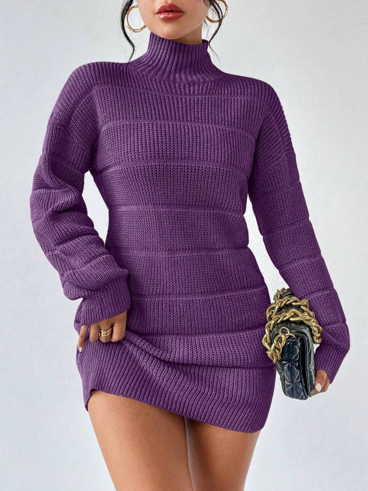 Ribbed turtleneck sweater dress, purple, long sleeves, striped knit bands