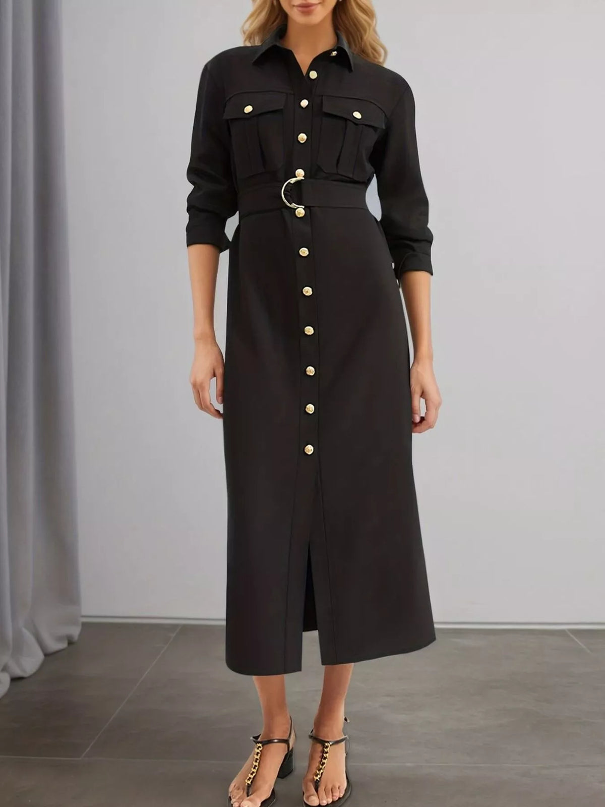 Black belted midi dress, long sleeves, gold buttons, front slit