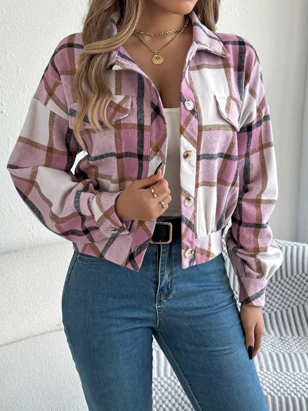 Lilac and pink plaid button-up long sleeve jacket with snap front and chest pocket