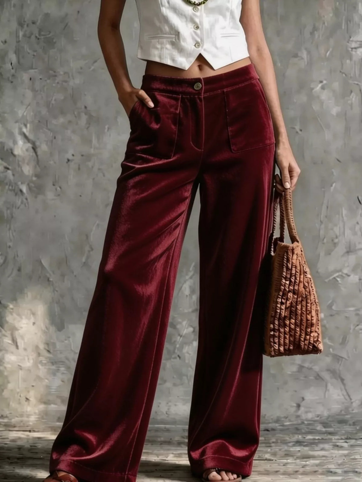 Wine red velvet wide-leg pants with button front and side patch pockets