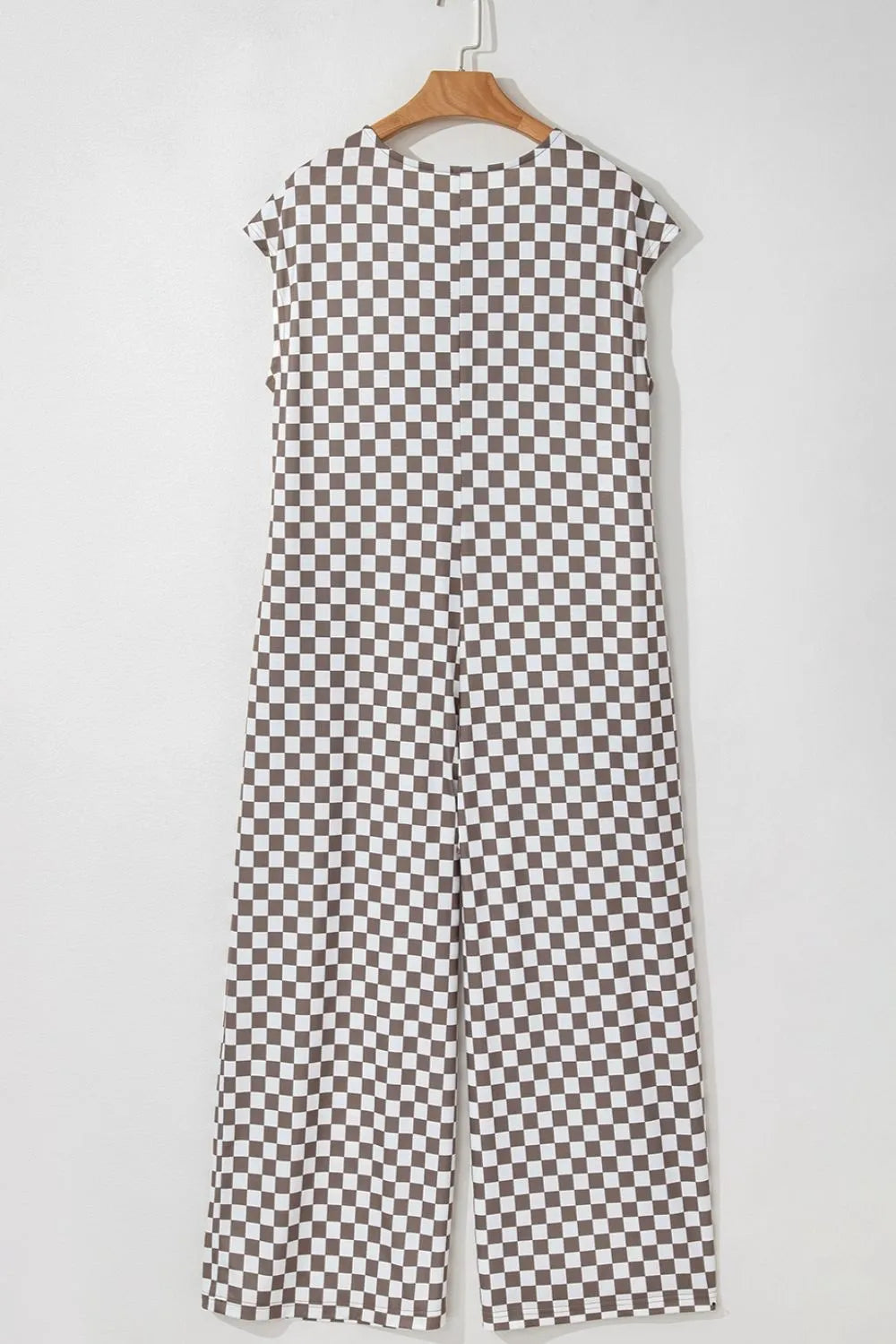 Brown-and-white checkered sleeveless crew neck wide-leg jumpsuit, back view