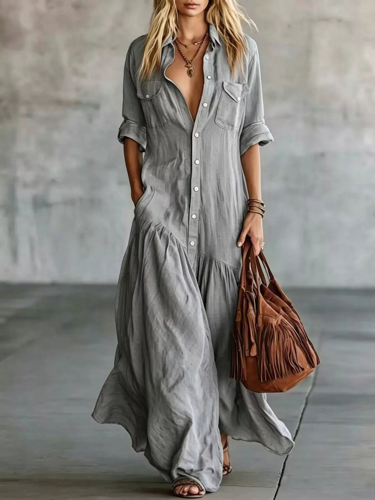 Gray button-front maxi dress with roll-up sleeves and patch pockets