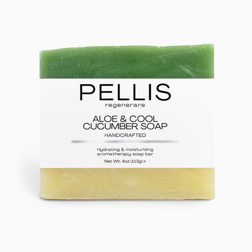 Aloe & cool cucumber soap bar, green top and pale yellow base, rectangular