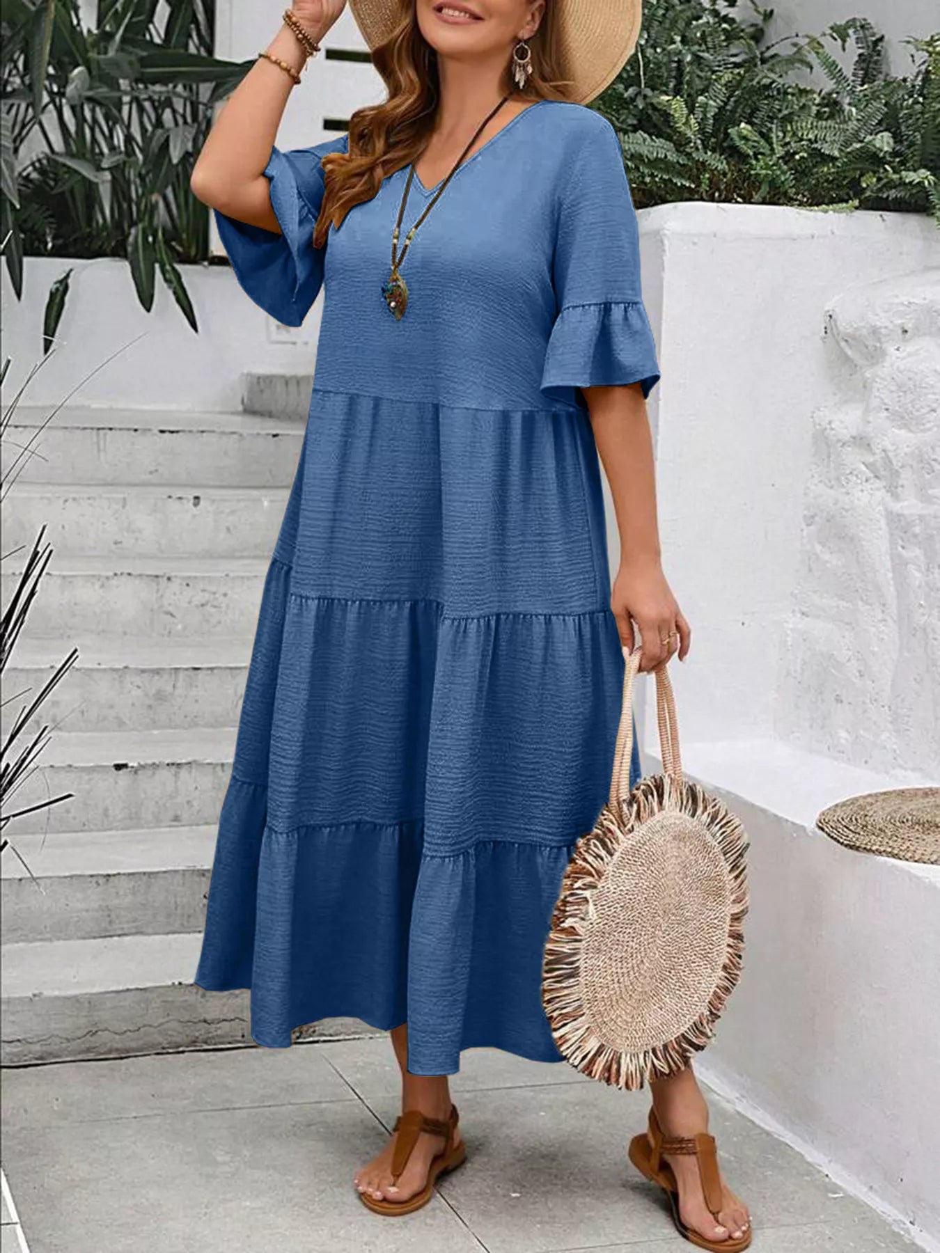Tiered midi dress with ruffle sleeves, tiered layers, medium blue