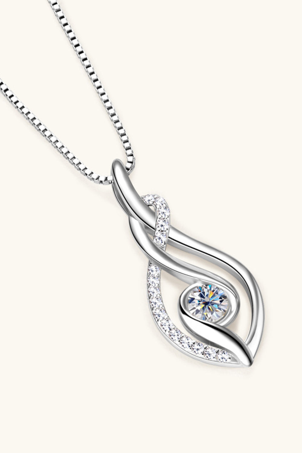 Silver moissanite necklace teardrop pendant with pavé accents and round center stone