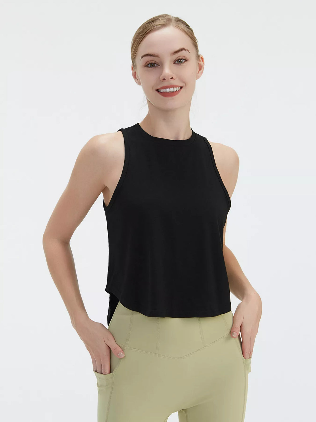 Black lightweight active stretch tank with high neckline and racerback cutout back