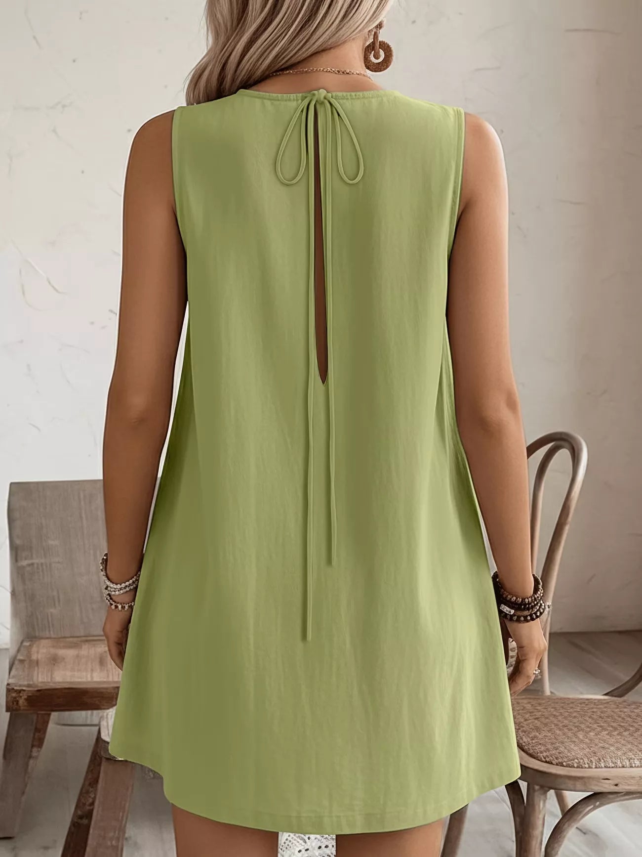 Cedar & Moore Frill Sleeveless Lime Green Dress with back tie and keyhole