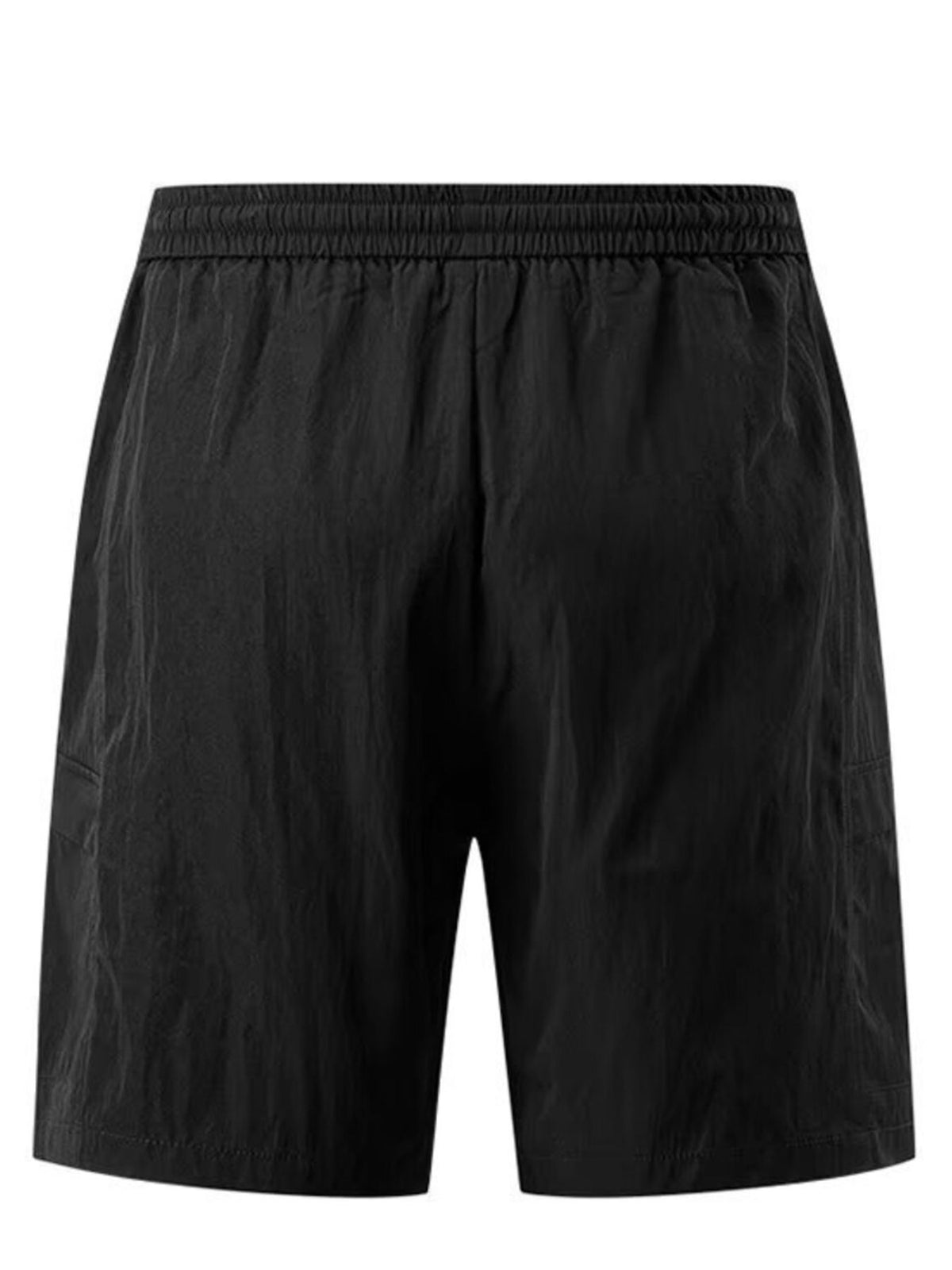 Black lightweight cargo shorts with elastic waistband and relaxed straight-leg fit