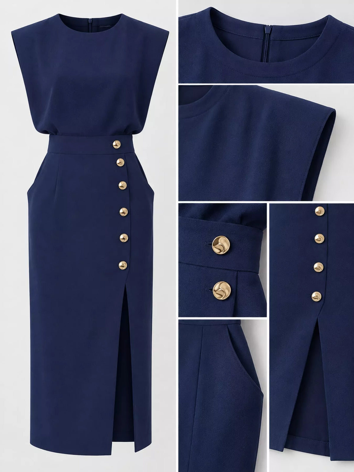 Navy sleeveless midi dress detail: gold buttons, waist belt, side slit