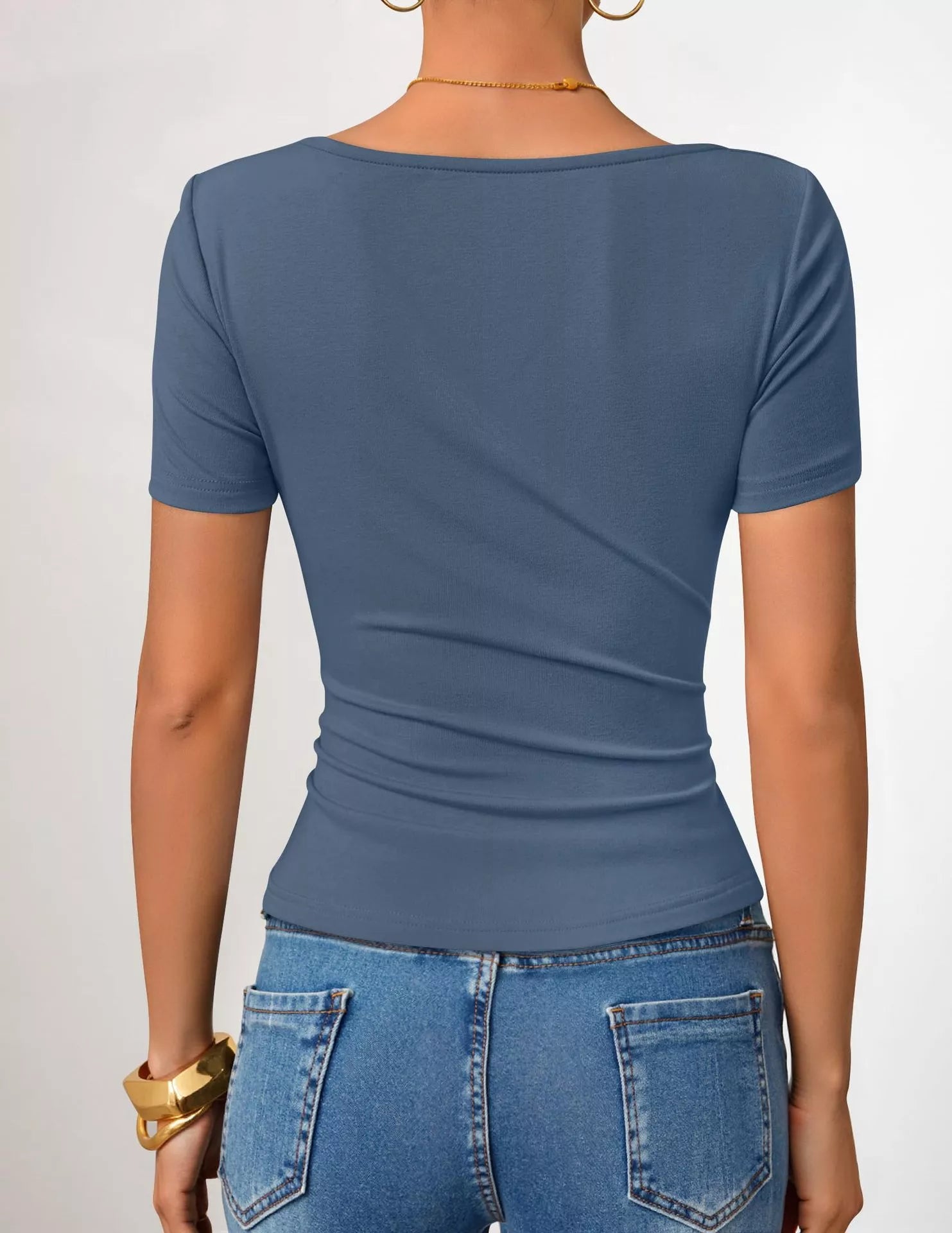 Cedar & Moore Asymmetrical Neckline Fitted T-Shirt, blue, back view