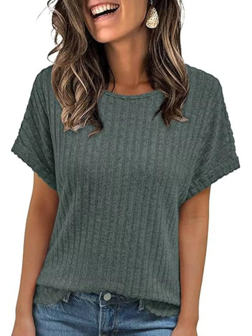 Dark green ribbed knit short-sleeve T-shirt with crew neck