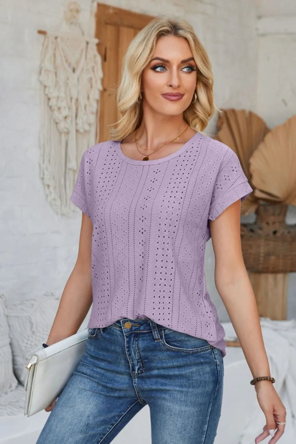 Lavender eyelet round-neck short-sleeve t-shirt with vertical perforated panels