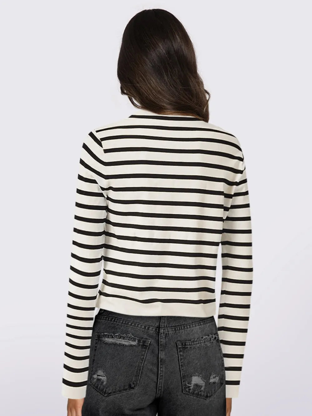 Striped cardigan back view, long sleeves with button placket, black and white