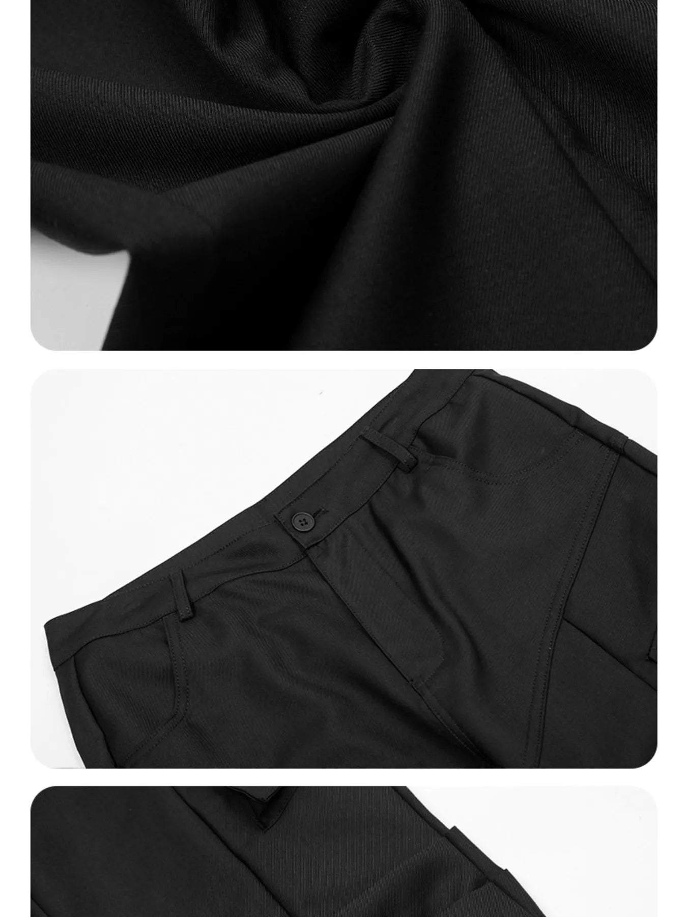 Black cargo pants fabric close-up with waistband, button, and seam details