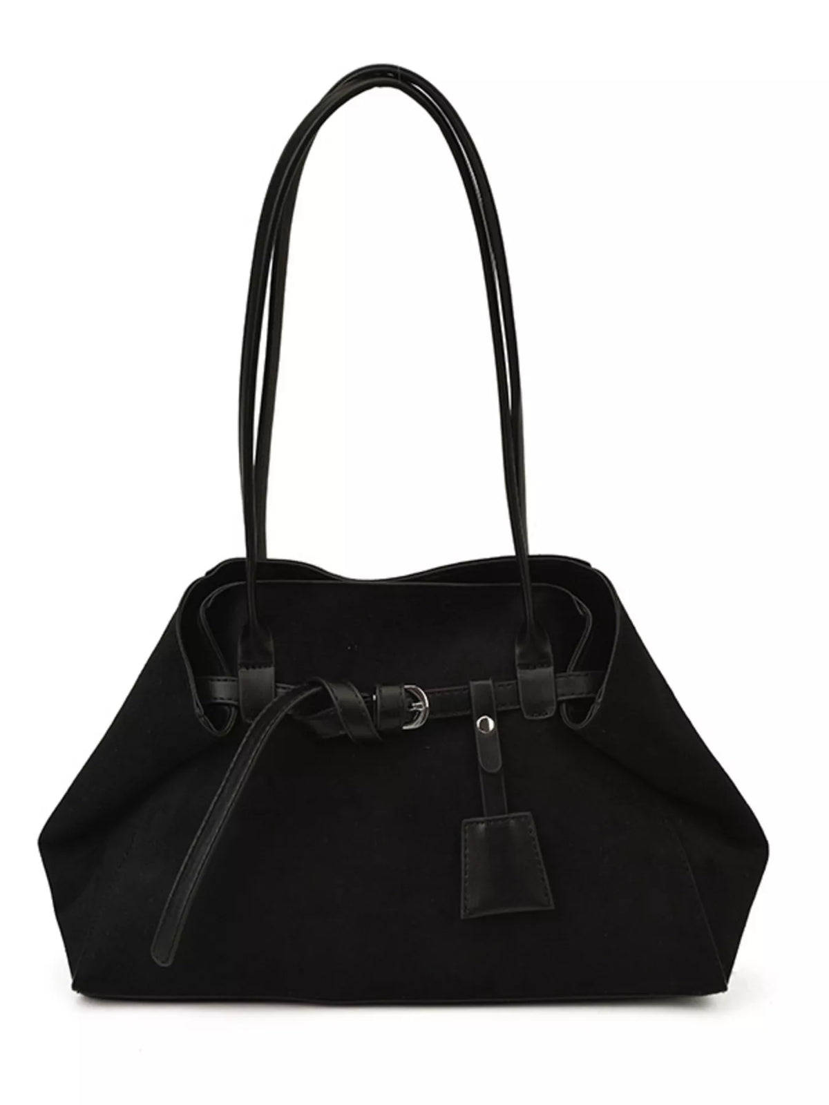 Black suede shoulder bag with curved top handles and buckle strap, front charm tag