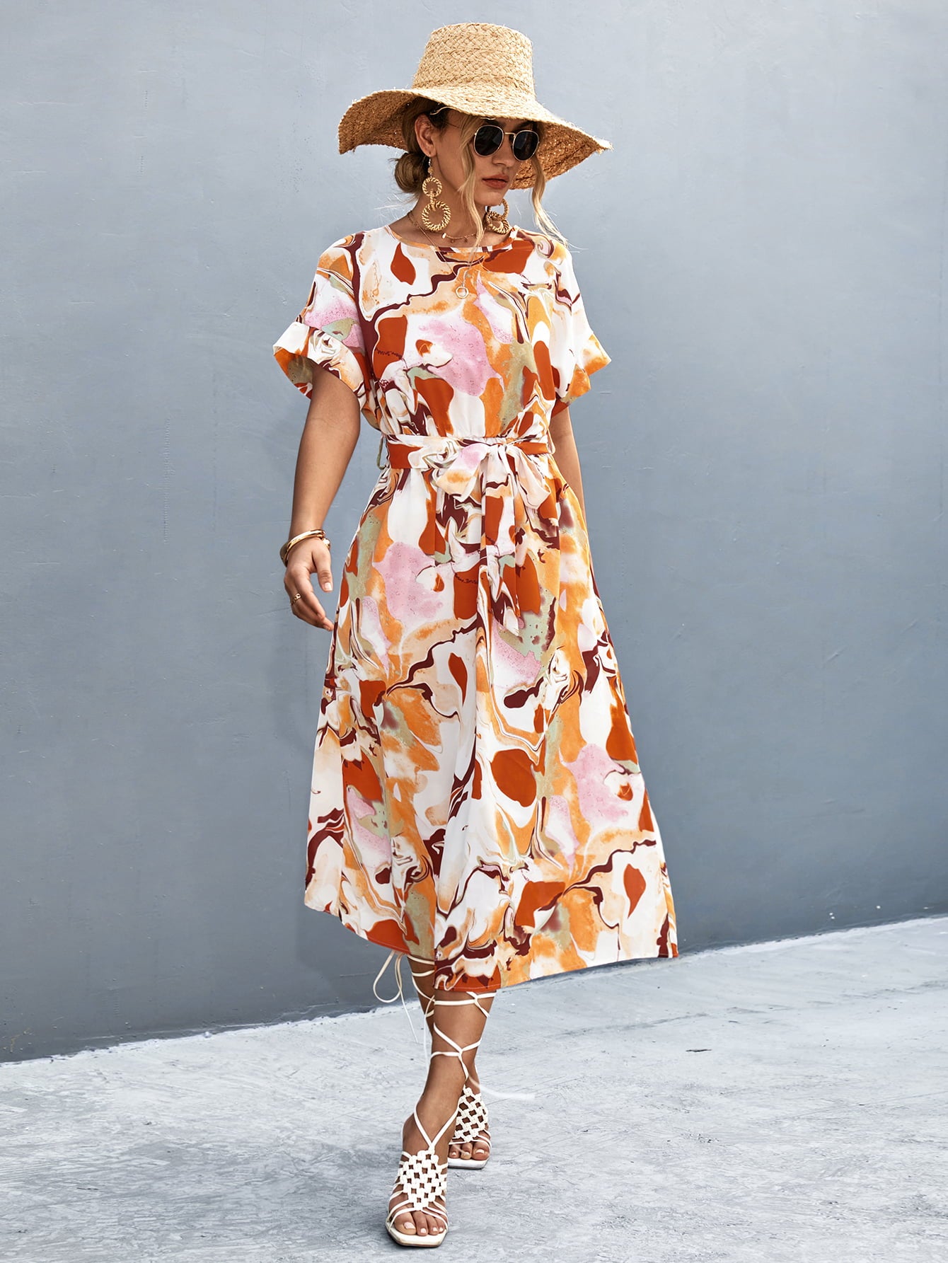 Orange-red abstract midi tie-waist dress with round neck and short sleeves