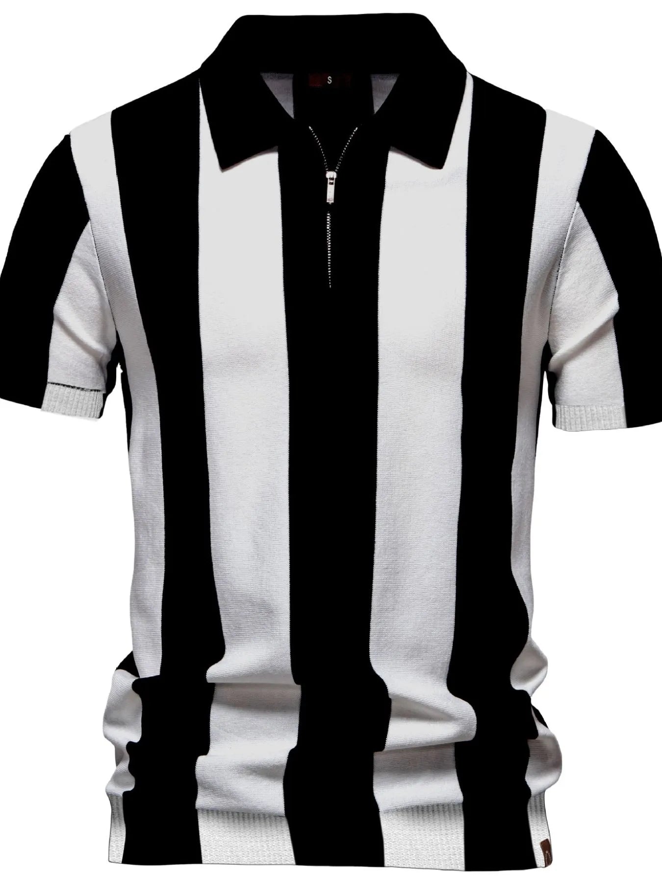 Striped zip-collar polo shirt with black-and-white vertical stripes, front view, ribbed hem