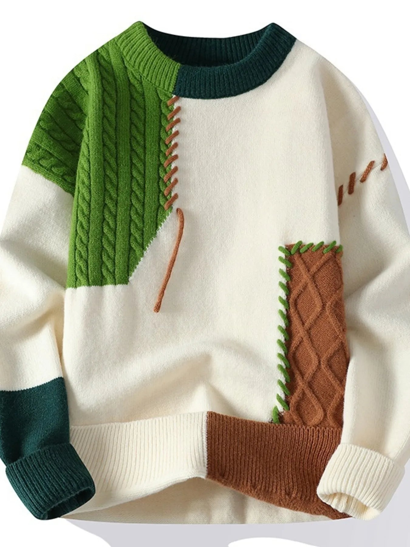 Color-block cable knit sweater, cream with green cable panel and brown pocket detail