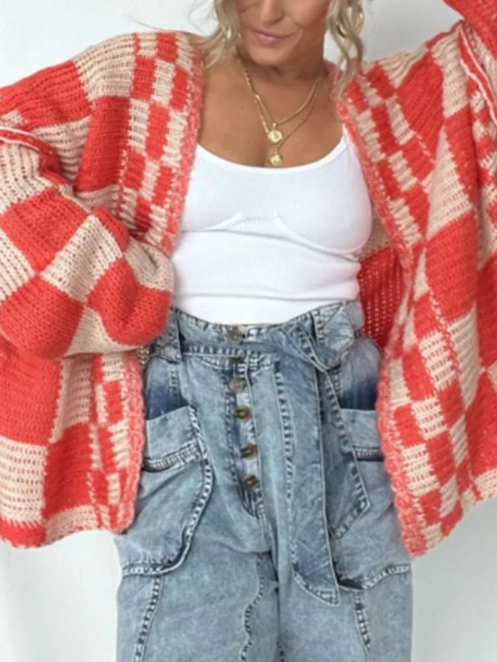 Plaid open-front long sleeve cardigan in red and cream knit, relaxed fit