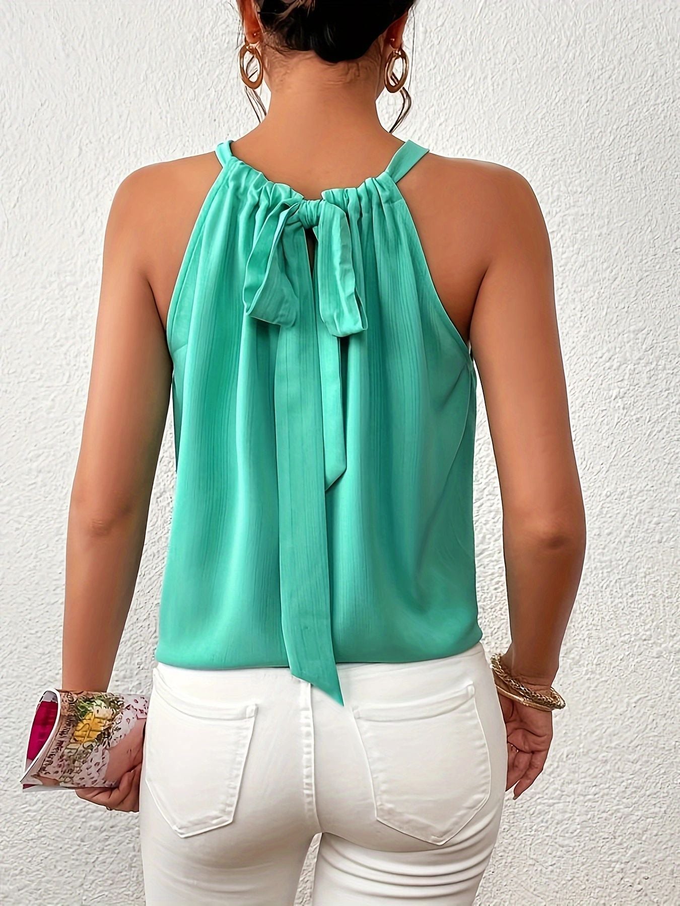 Cedar & Moore teal solid ruched cami with back bow tie and halter straps