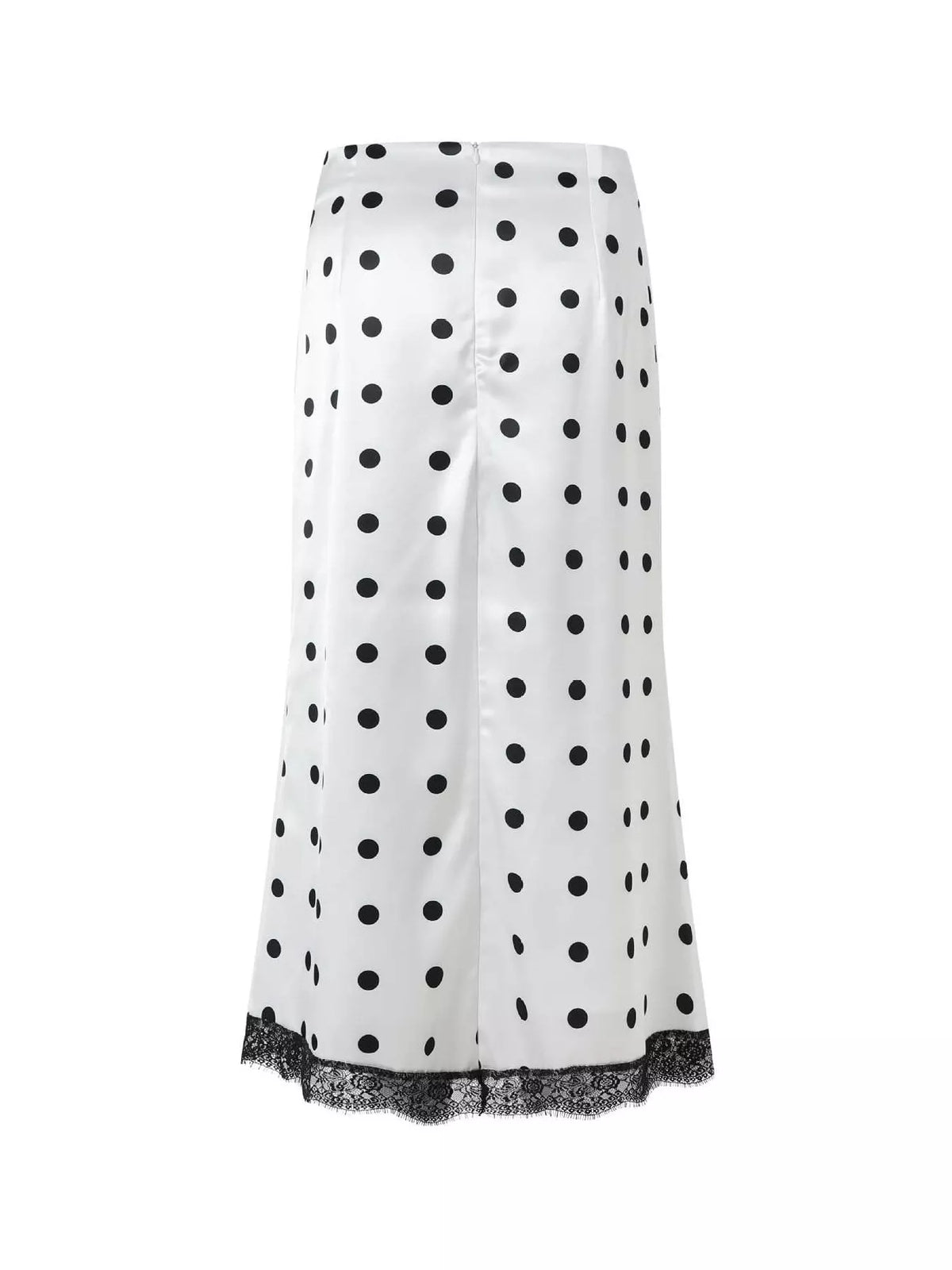 White midi skirt with black polka dots and lace hem trim