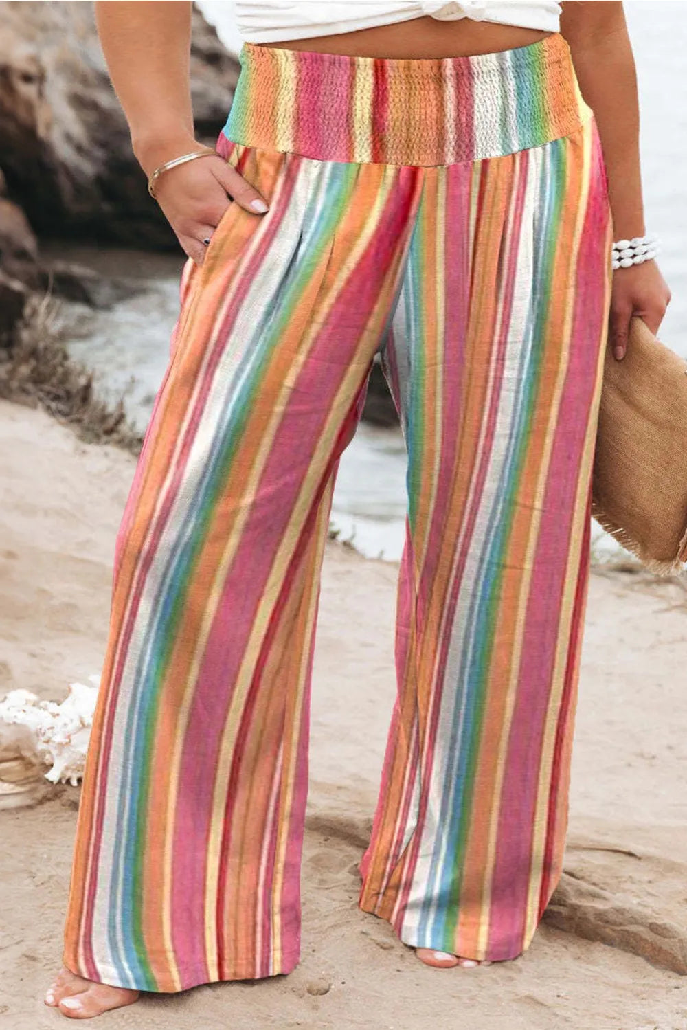 Wide-leg striped pants, colorful vertical stripes, elastic waist