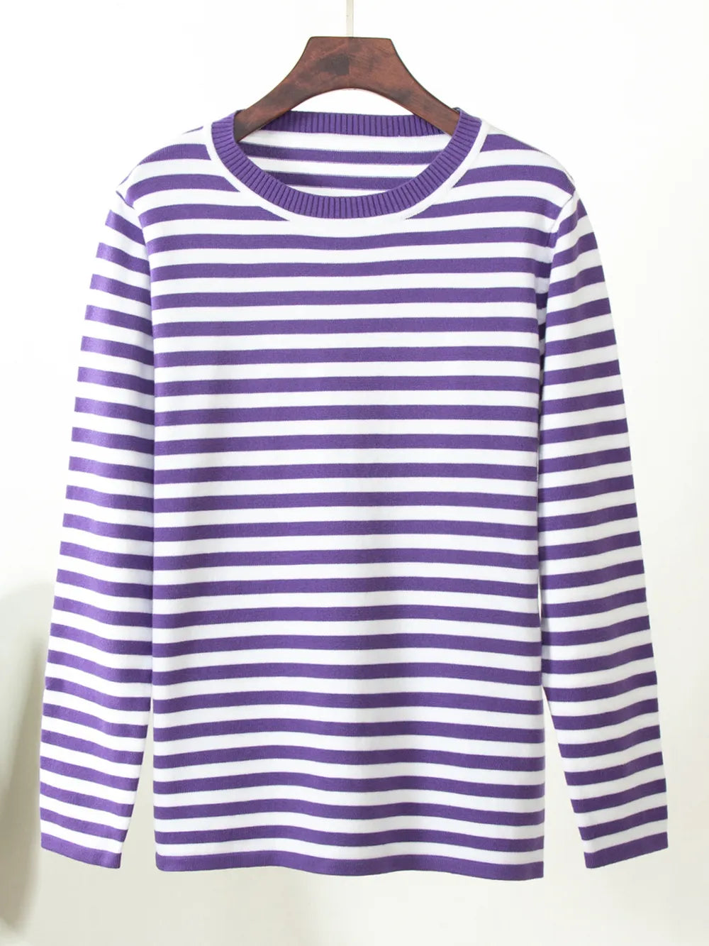 Striped round-neck long-sleeve sweater in purple and white, front view