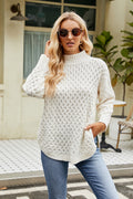 White slit long-sleeve mock neck sweater with textured diamond knit pattern