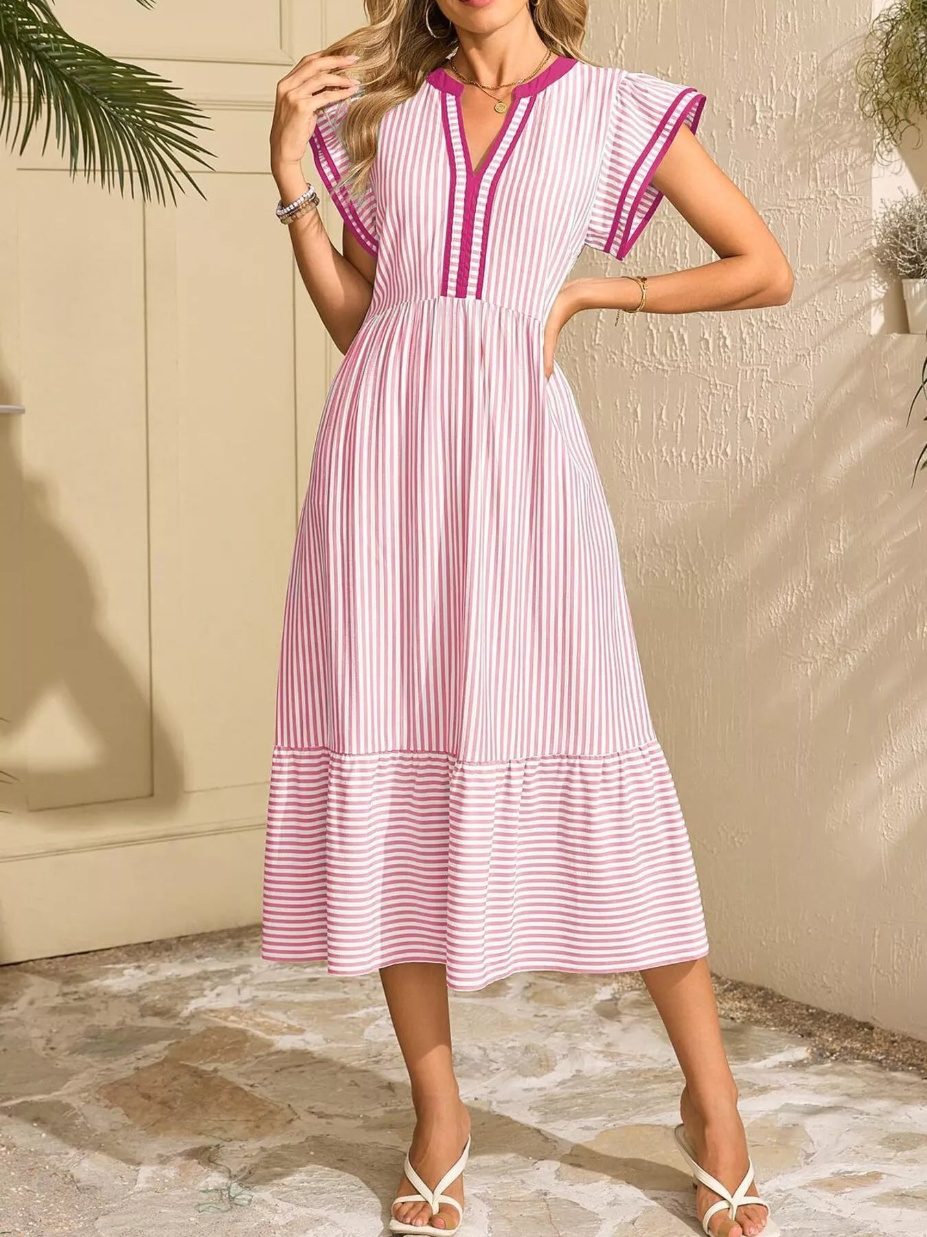 Trendsi Striped Notched Ruffle Sleeve Dress, pink and white, pocketed