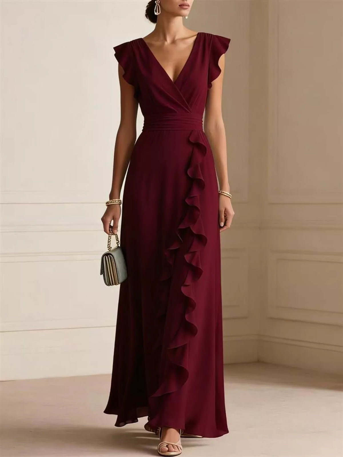 Burgundy ruffled high-waist sleeveless maxi dress with layered flutter skirt
