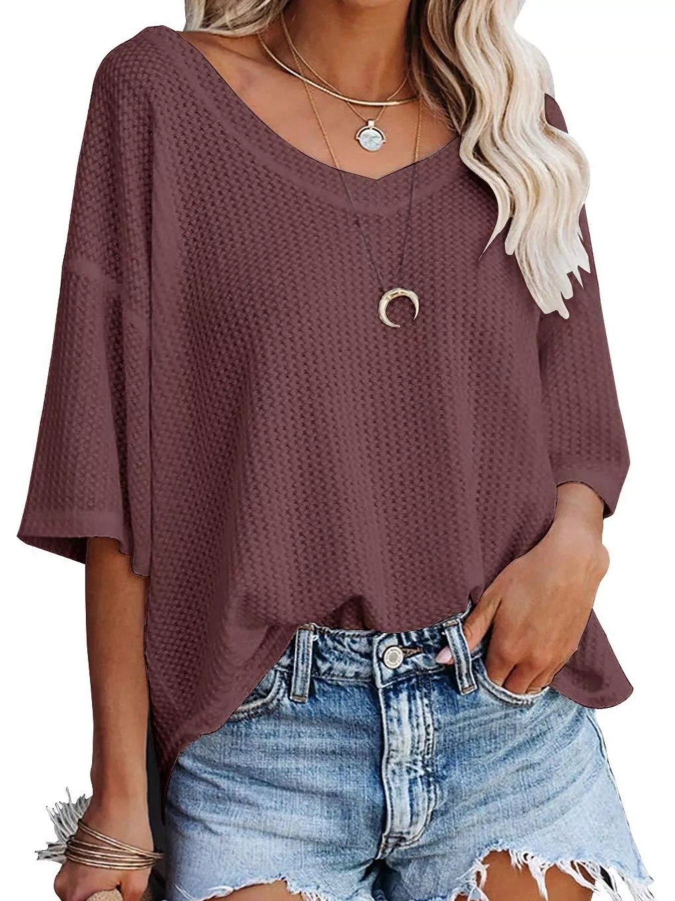 Waffle knit v-neck short sleeve t-shirt, dark mauve maroon