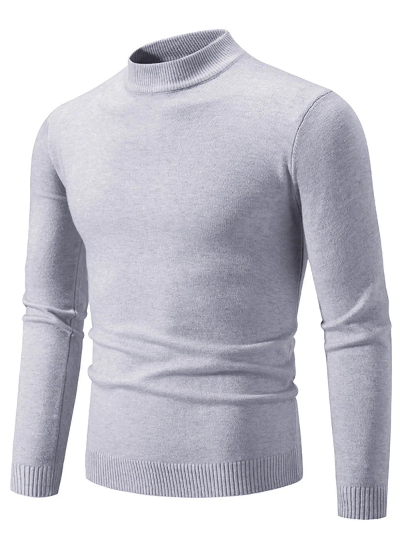 Mock-neck long-sleeve sweater with ribbed hem, light gray