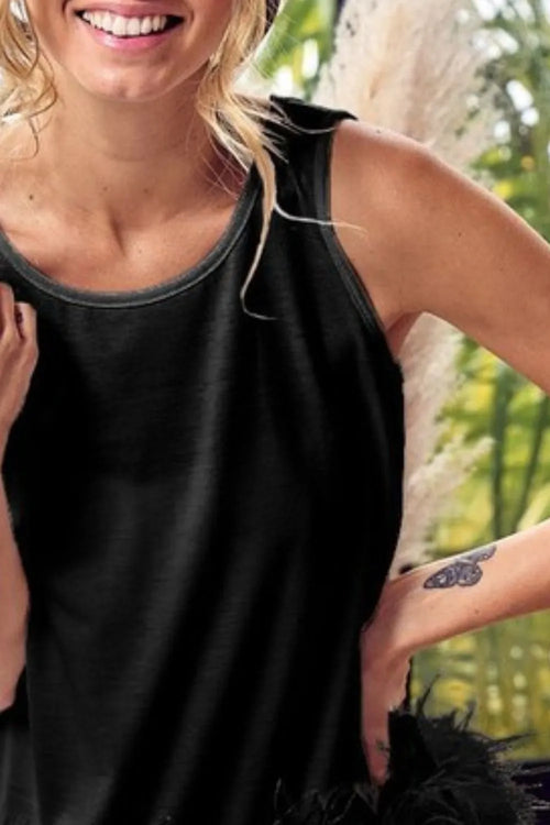 Black sleeveless top with crew neckline and faux feather trim