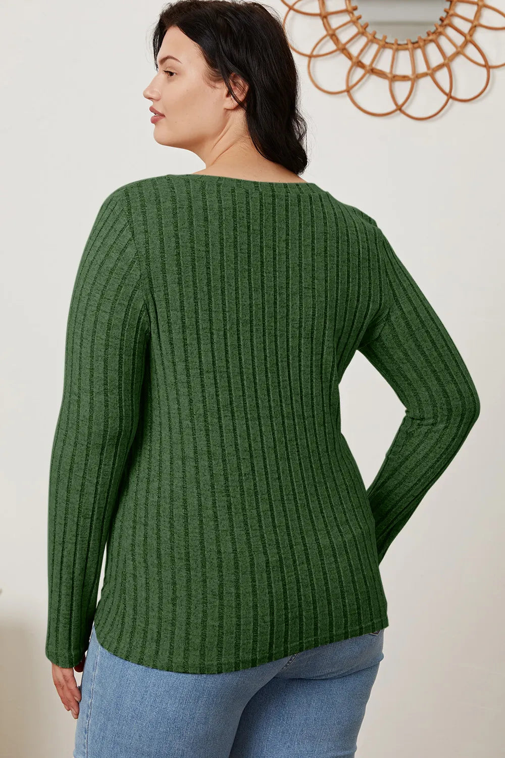 Cedar & Moore Basic Bae ribbed green V-neck long sleeve tee, back view on model