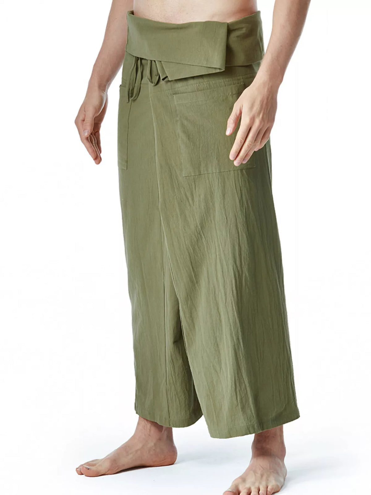 Army green loose-fit drawstring pants with wide legs and elastic waist