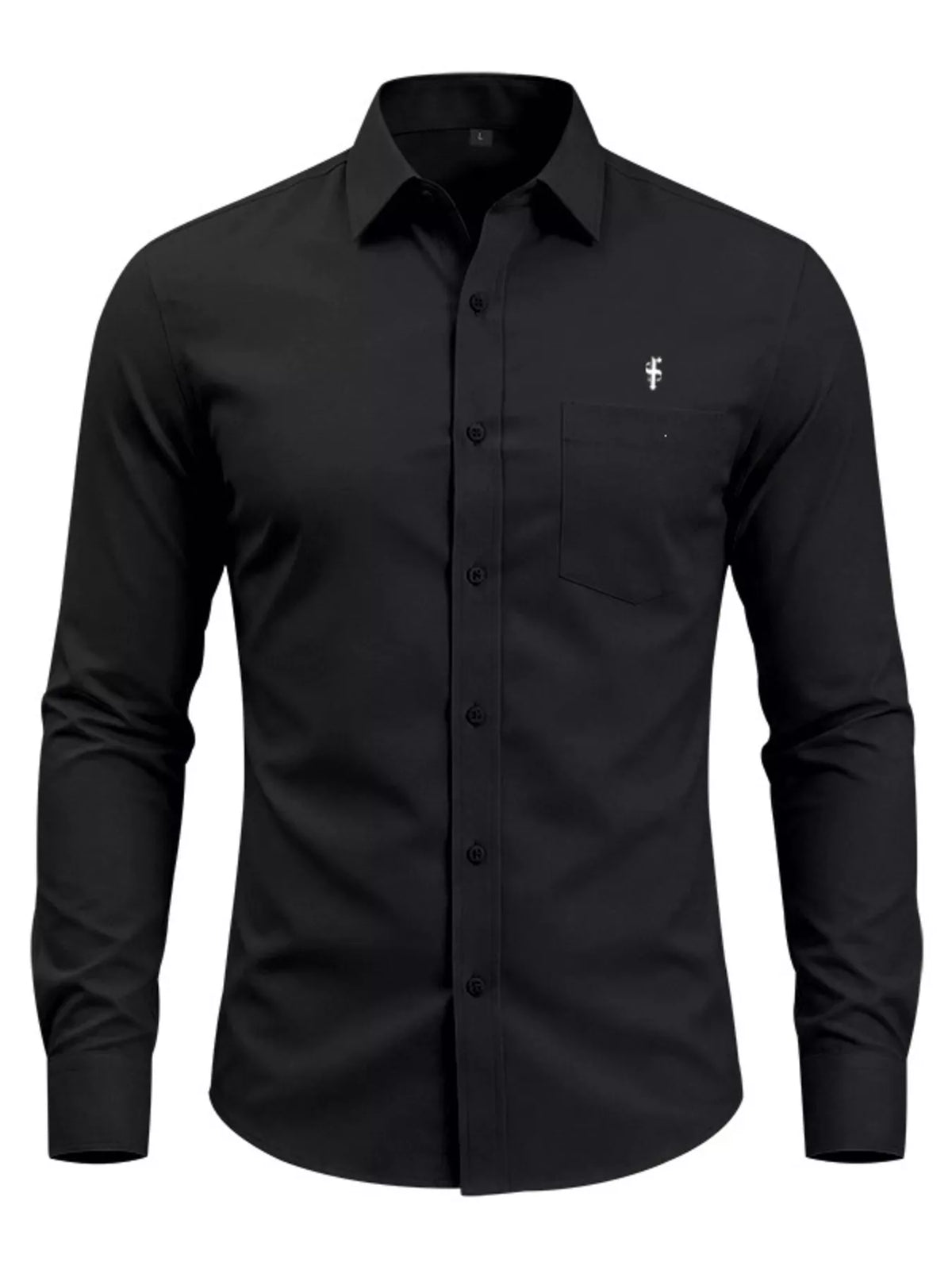 Men's slim-fit cotton button-up shirt, black, long sleeves, pointed collar, chest pocket