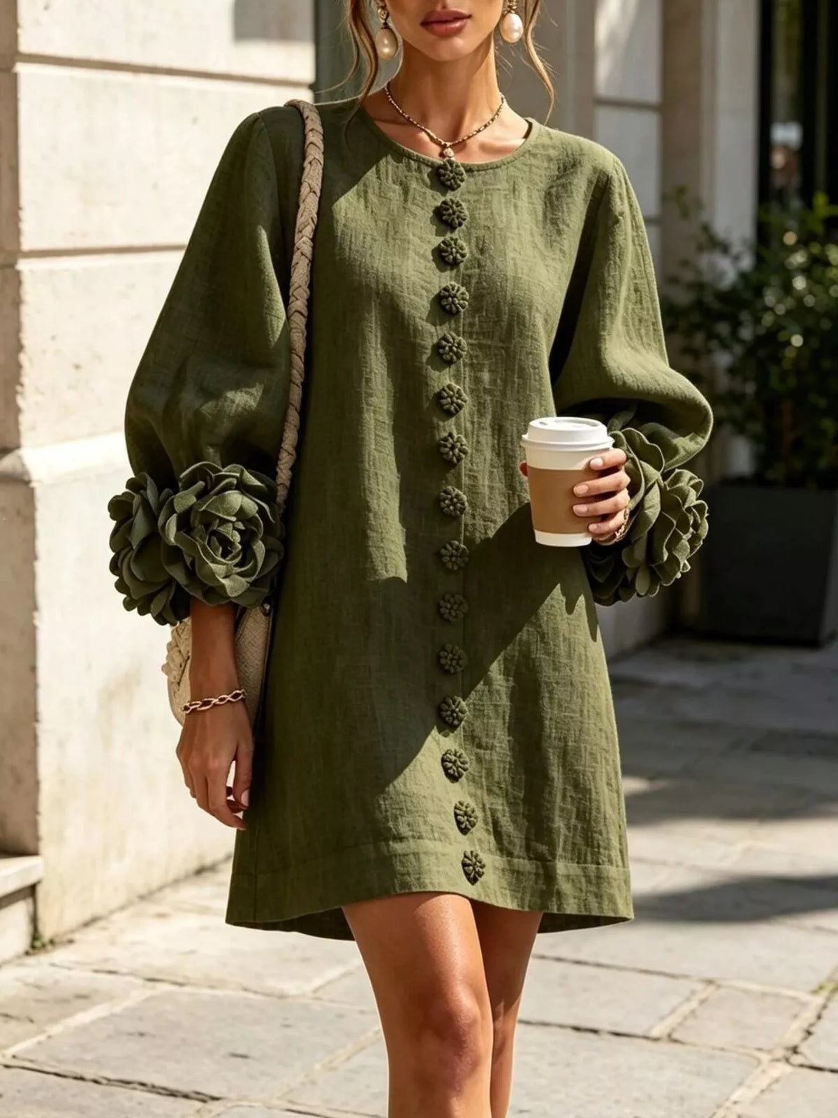 Olive green linen-look polyester dress with round neck and 3D floral trim