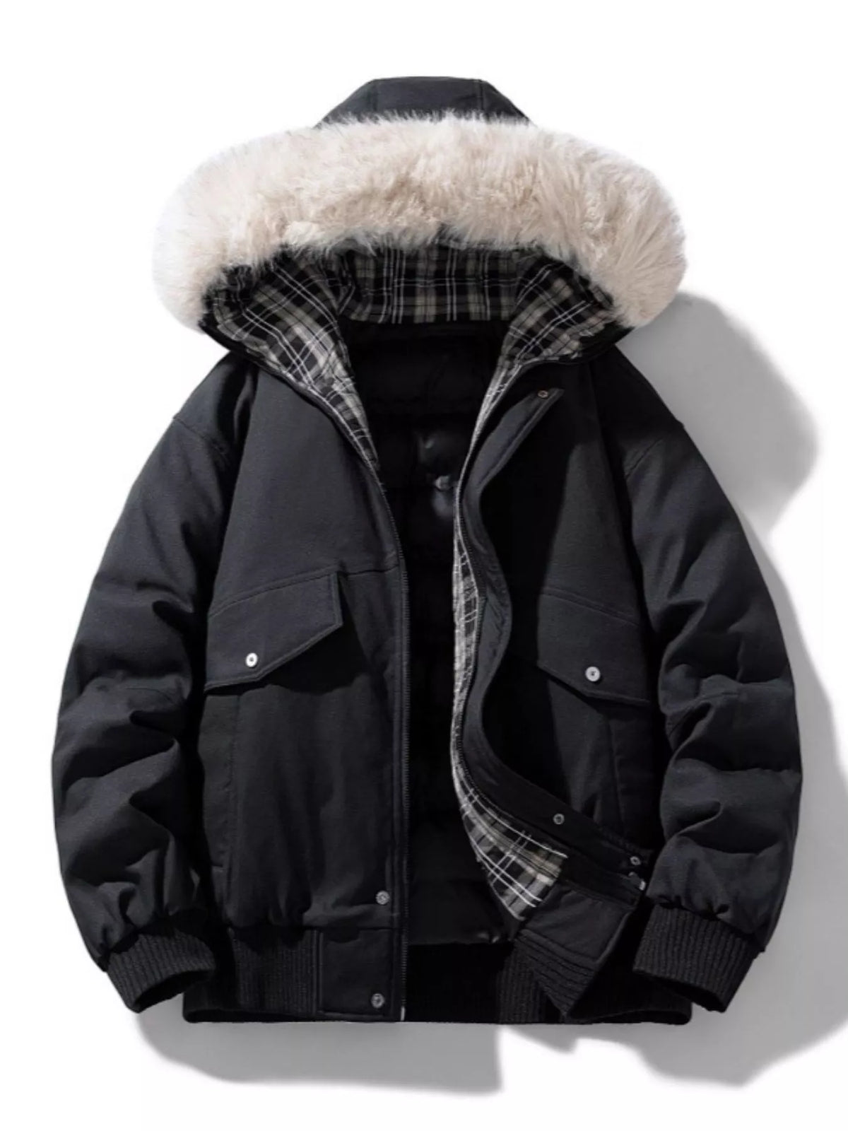 Men's black warm padded winter coat with faux fur hood trim and plaid-lined inner hood