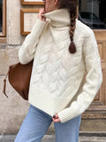 White ribbed hem turtleneck sweater, long sleeves, chevron cable knit