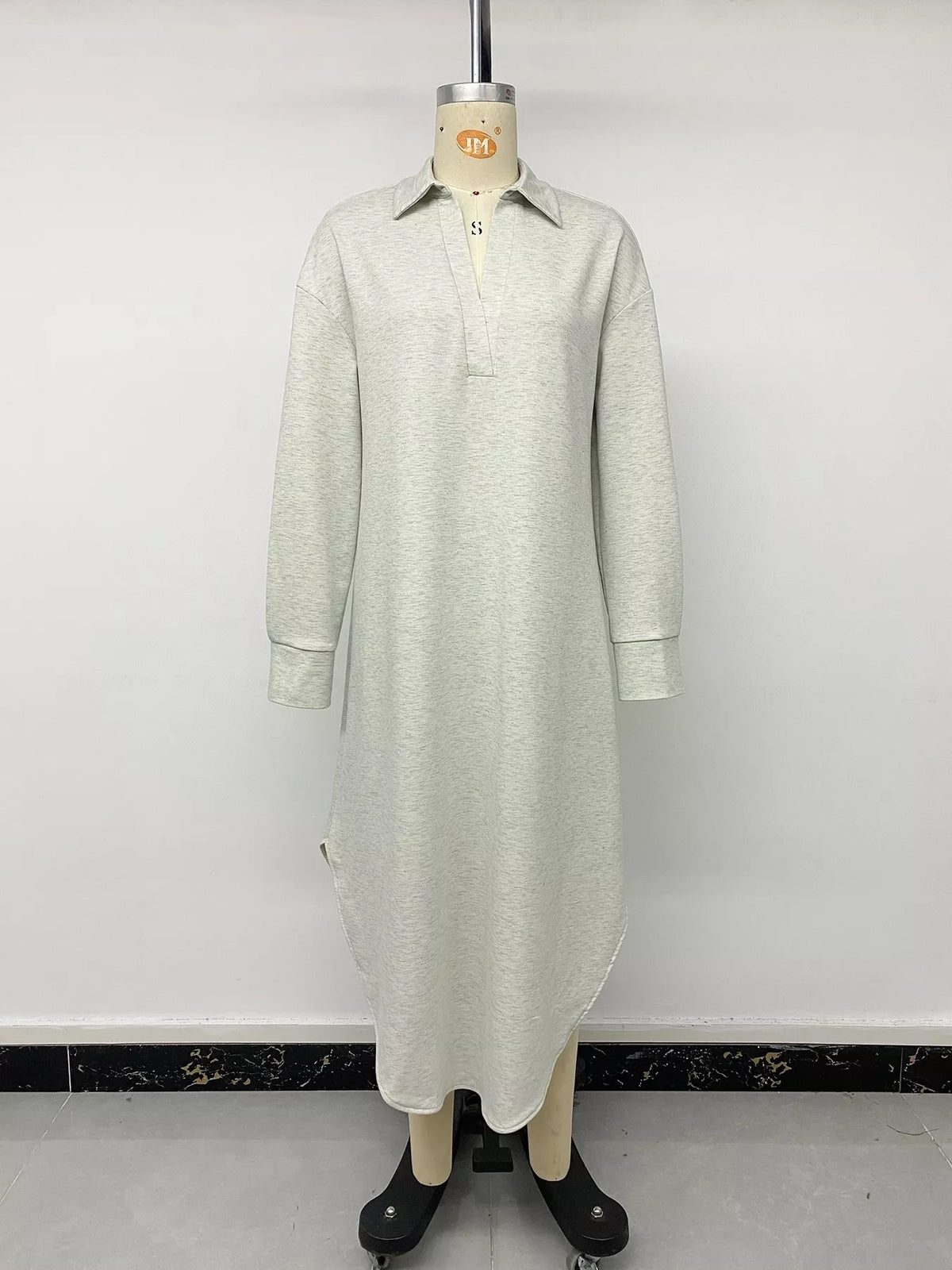 Light gray polo-collar long-sleeve midi dress with button placket