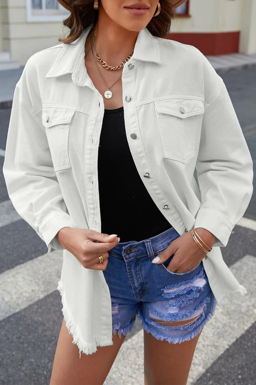 White denim button-up jacket with chest pockets and raw frayed hem, long sleeves
