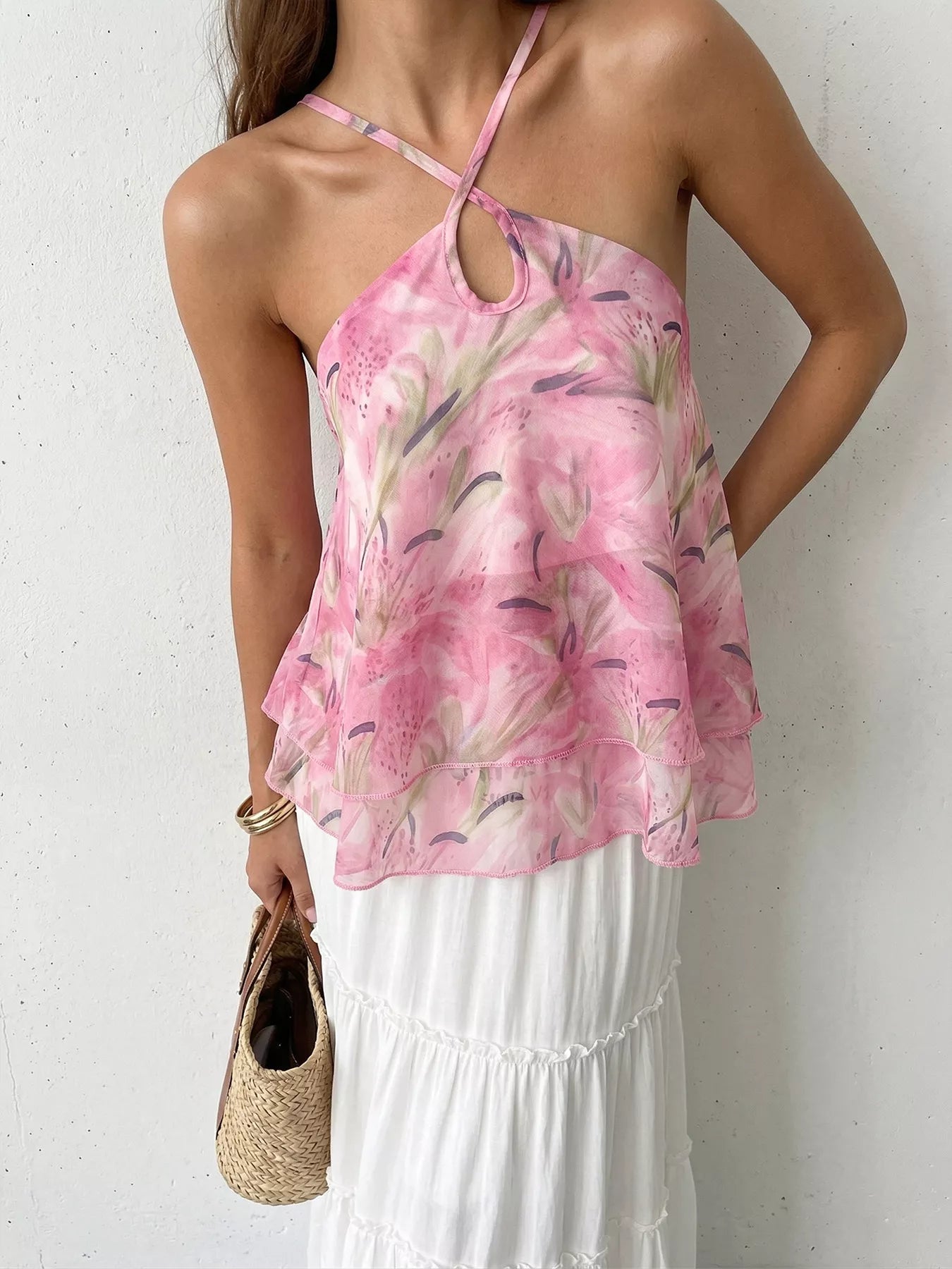 Cedar & Moore Floral Print Halter Neck Flowy Cami, pink floral pattern with tied crisscross straps