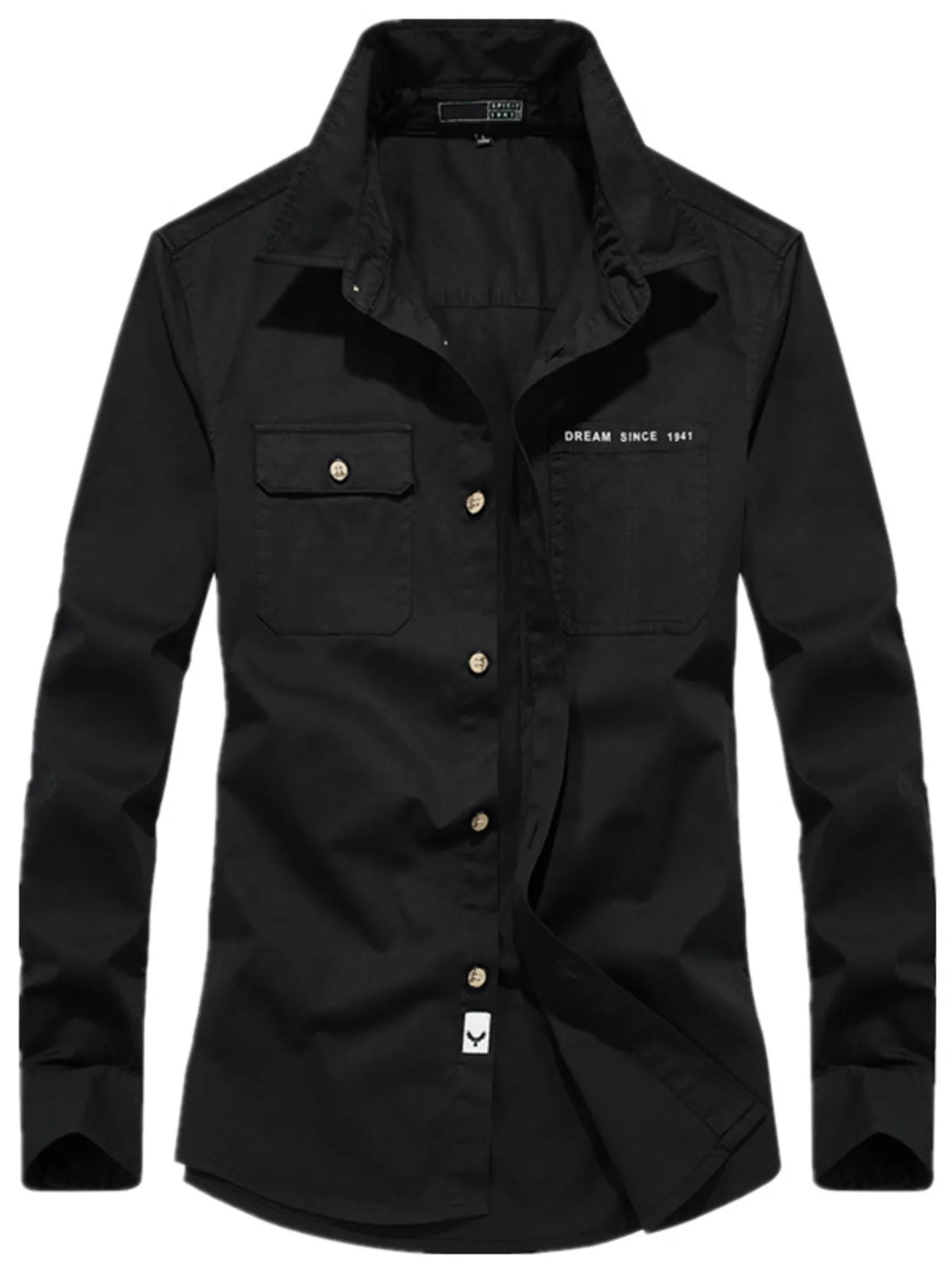 Men's long-sleeve cotton shirt in black, dual chest pockets and button front