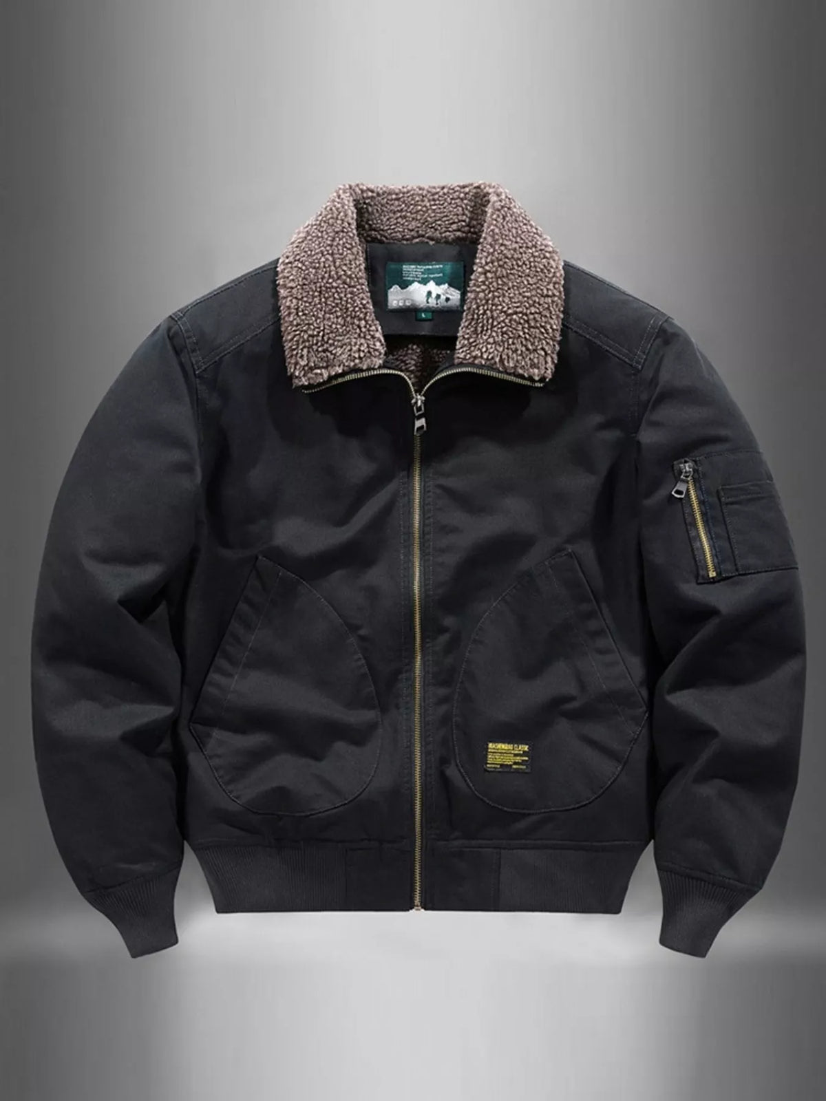 Men's thermal zip-up jacket, black with sherpa-lined collar and chest zip pocket