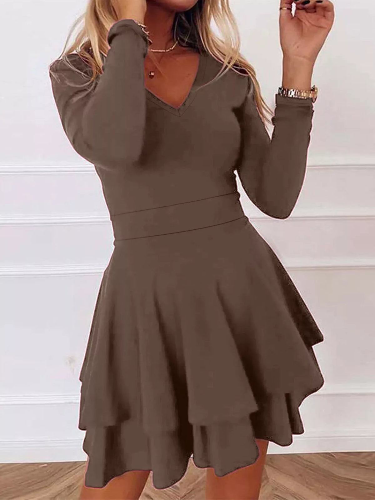 Dark gray V-neck long-sleeve tiered ruffle mini dress, fitted waist, flared skirt