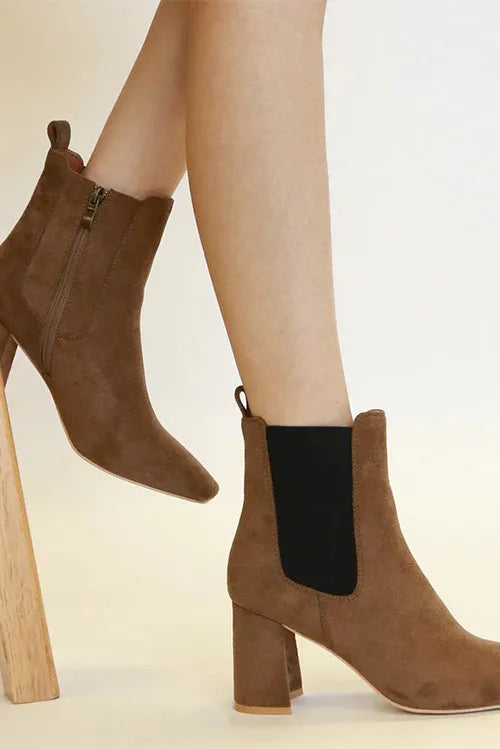Coffee brown faux suede Chelsea boots with block heel and black elastic side panel