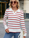 Striped Johnny-collar long-sleeve sweater in white with red stripes