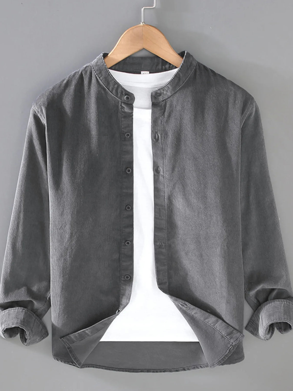 Men's long-sleeve button-up cotton shirt with stand collar, gray front button placket