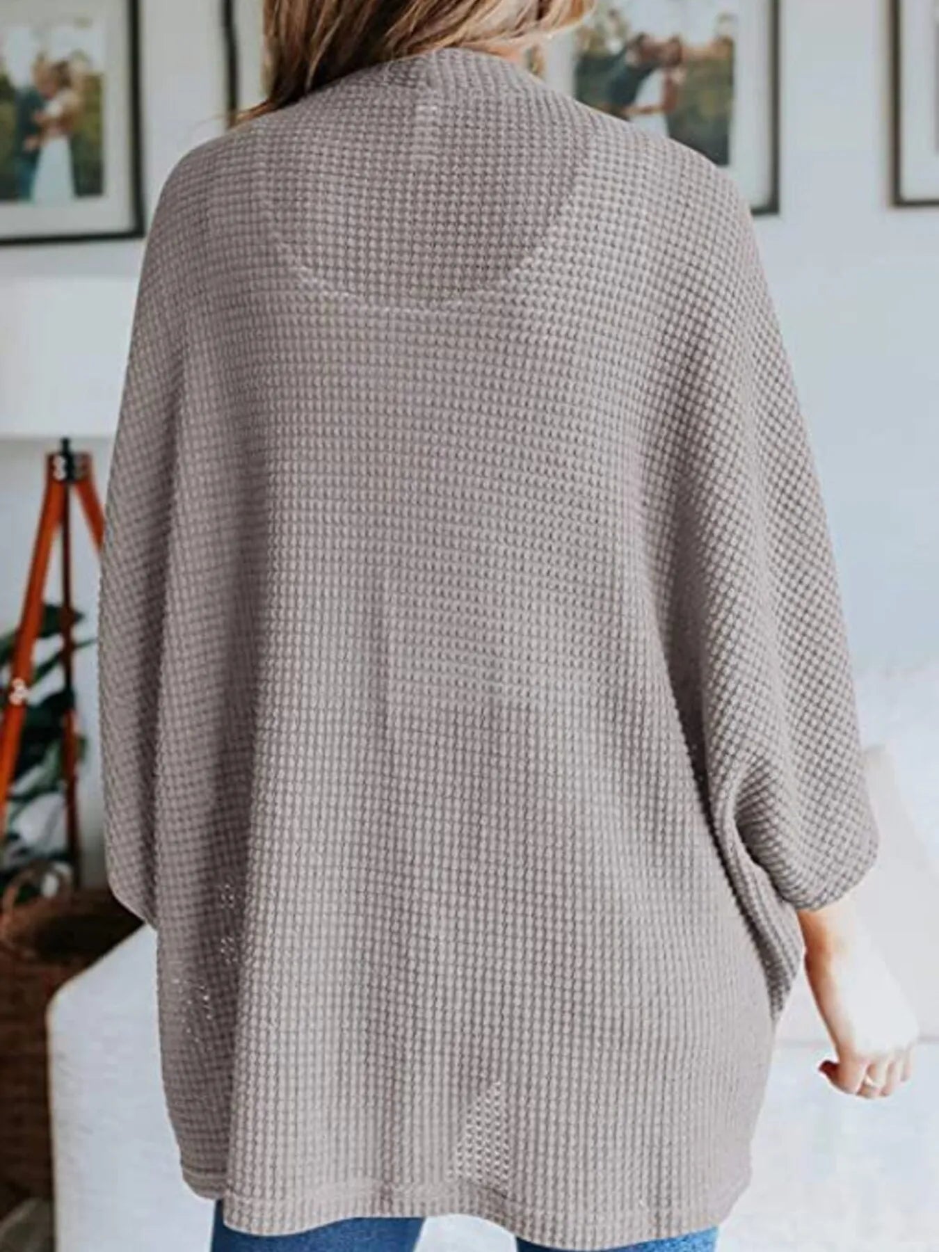 Open back waffle knit cardigan, heather grey, relaxed fit, 3/4 dolman sleeves